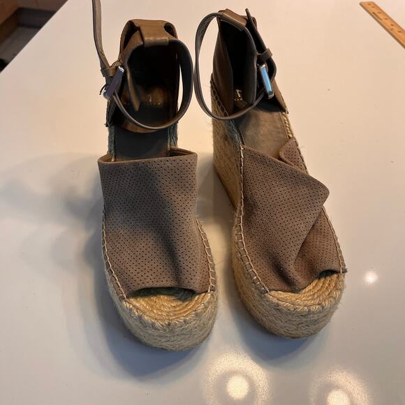 MARC FISHER Lannie Cognac Leather Platform Wedge Espadrille Sandals Tan Size 8.5 - Picture 5 of 10